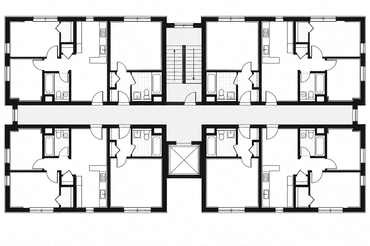 Four apartments, one in each corner, joined by a central hallway